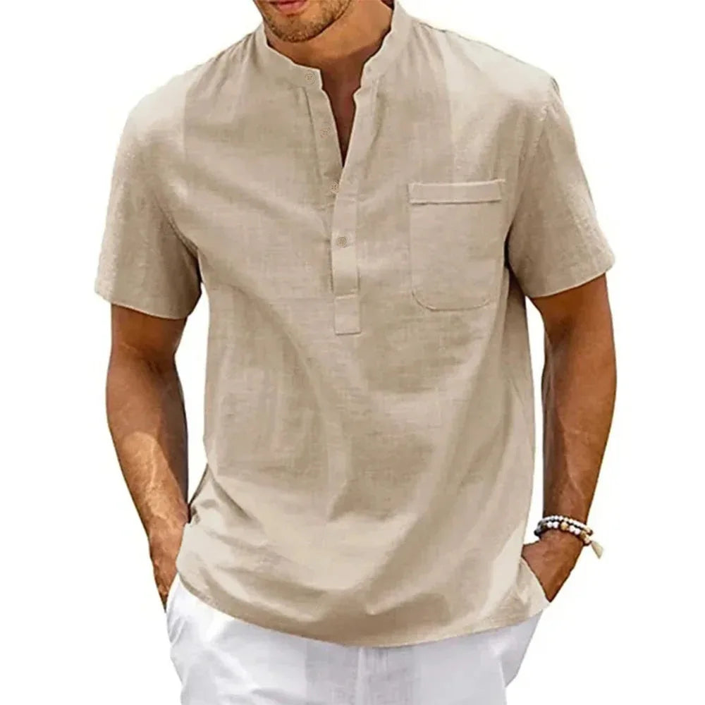 Noxwear - Cotton Linen Shirt Men Henley Neck Pocket Casual Beach Short Sleeve Solid Color Male Tops T-shirts Vintage Streetwear