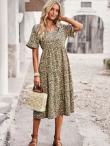 Noxwear Msfilia Fashion V Neck Elegant Printed Dress Women Summer Short Sleeve High Waist A Line Floral Holiday Dresses