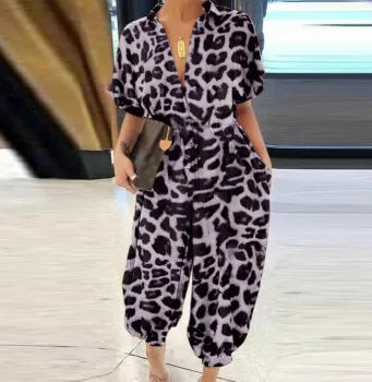 Noxwear Summer Fashion V-Neck Button Lace-Up Jumpsuit Short Sleeve Loose Playsuit Overalls Women Elegant Leopard Print Pocket Rompers