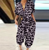 Noxwear Summer Fashion V-Neck Button Lace-Up Jumpsuit Short Sleeve Loose Playsuit Overalls Women Elegant Leopard Print Pocket Rompers
