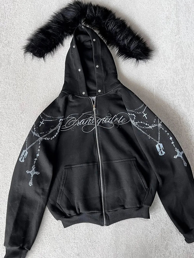 Noxwear - Gothic Punk Faux Fur Hooded Jacket