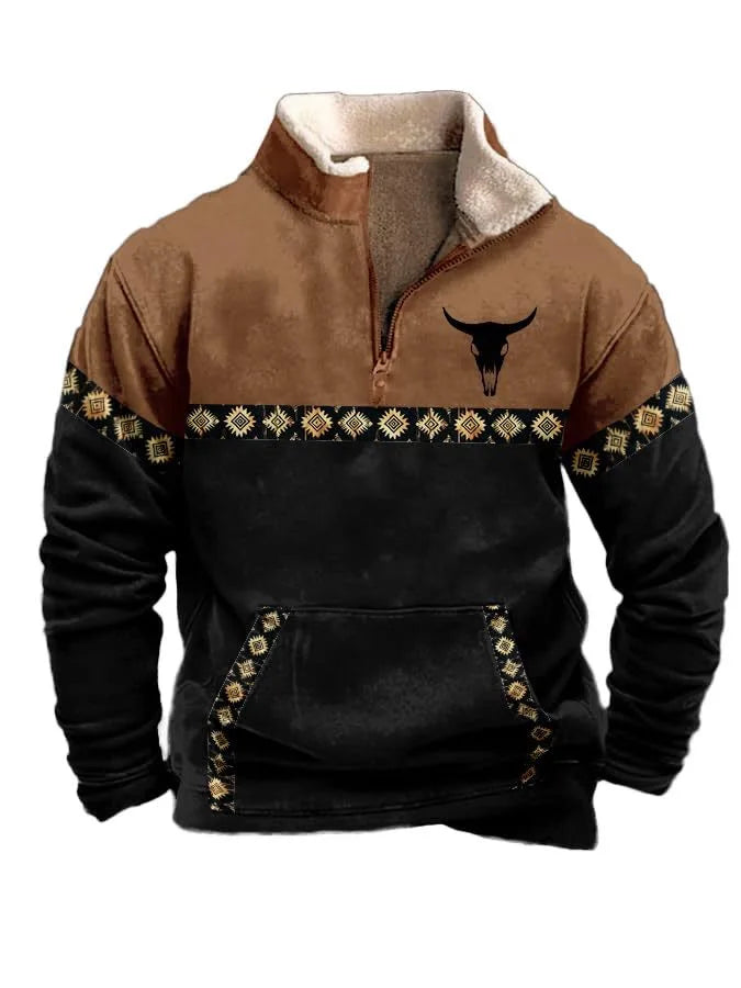 Noxwear - Men'S Vintage Western Hoodie with Aztec Cowboy Design - Beige & Gray Zip-Up Pullover with Pockets, Casual Long Sleeve Outdoor We