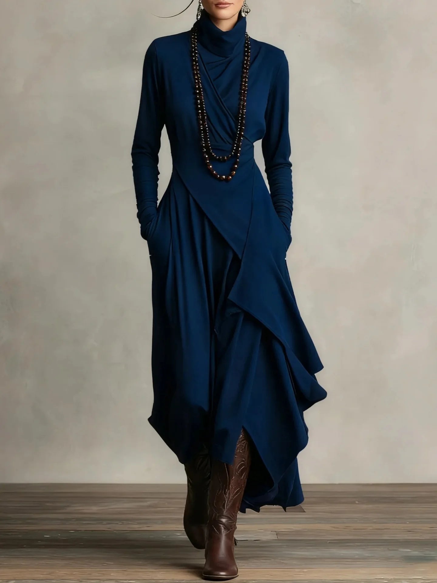 Noxwear Vintage Pocket Asymmetric Dress for Women's Long Sleeve Solid Turtleneck Minimalist Retro Casual Autumn Long Dresses 2025