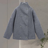 Noxwear Stand Collar Women Winter Woolen Coats 2025 Autumn Single Breasted Loose Female Long Sleeve Jacket Office Lady Street Short Coat