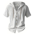Noxwear -  Cotton Linen Shirt for Men Hooded Short Sleeve Solid Color Breathable Lightweight Drawstring Design Shirts Casual Basic Tees