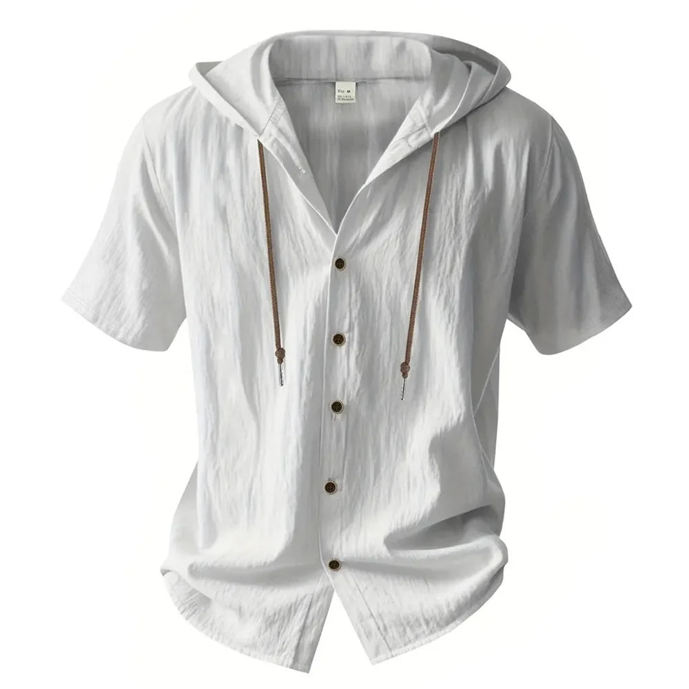 Noxwear -  Cotton Linen Shirt for Men Hooded Short Sleeve Solid Color Breathable Lightweight Drawstring Design Shirts Casual Basic Tees