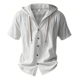 Noxwear -  Cotton Linen Shirt for Men Hooded Short Sleeve Solid Color Breathable Lightweight Drawstring Design Shirts Casual Basic Tees