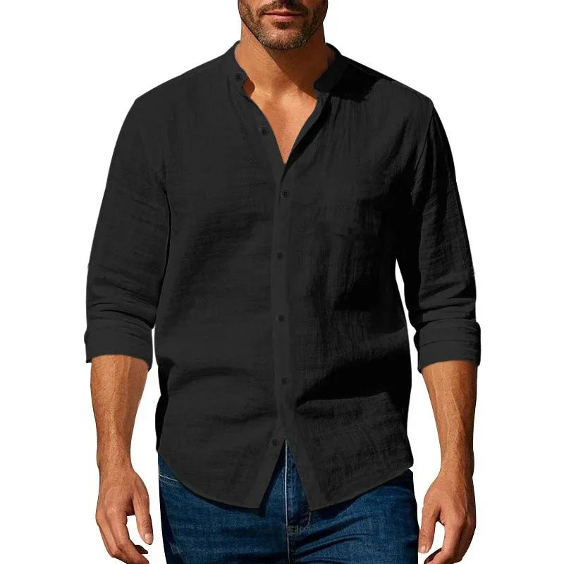 Noxwear - Cotton Linen Shirt for Men Henley Neck Solid Color Lightweight Breathable Slim Fit Single Breasted Shirt Long Sleeve Button Up