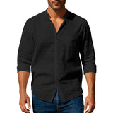 Noxwear - Cotton Linen Shirt for Men Henley Neck Solid Color Lightweight Breathable Slim Fit Single Breasted Shirt Long Sleeve Button Up