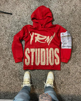 Noxwear Anime Hoodies in red featuring bold white Fenty Studios back print, sleeve patch detail, and oversized streetwear fit.