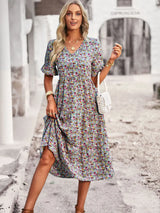 Noxwear Msfilia Fashion V Neck Elegant Printed Dress Women Summer Short Sleeve High Waist A Line Floral Holiday Dresses