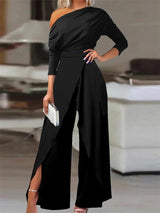 Noxwear 2025 Spring Jumpsuits for Women Plain Elegant Office Lady Loose Ruched One Shoulder Split Hem Wide Leg Jumpsuit