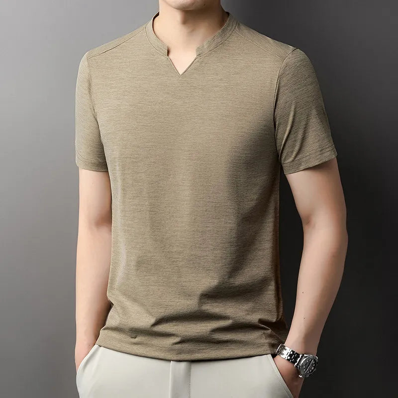 Noxwear - Korean Men's Casual and Fashionable Small V-neck Solid Color Short Sleeved T-shirt Comfortable Summer Versatile Top