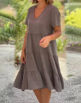 Noxwear Cotton Linen Casual Women's Dresses 2025 Spring/Summer Sweet  Short Sleeve Solid V-neck Large Swing Loose Dress  S-5XL