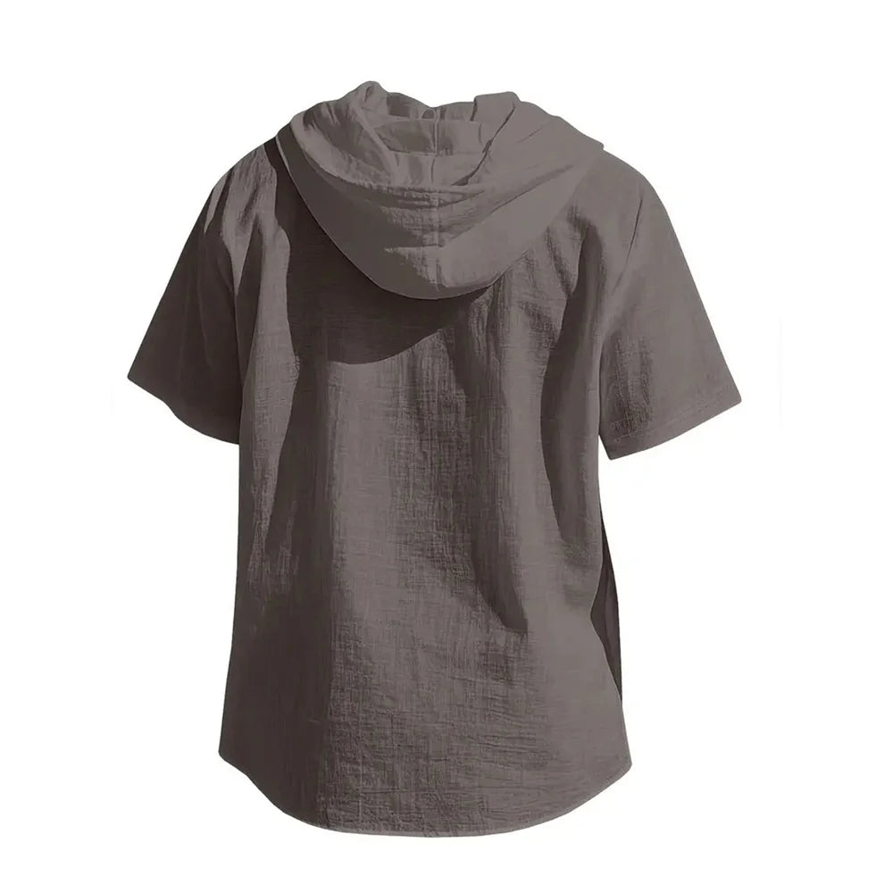 Noxwear -  Cotton Linen Shirt for Men Hooded Short Sleeve Solid Color Breathable Lightweight Drawstring Design Shirts Casual Basic Tees