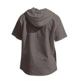 Noxwear -  Cotton Linen Shirt for Men Hooded Short Sleeve Solid Color Breathable Lightweight Drawstring Design Shirts Casual Basic Tees
