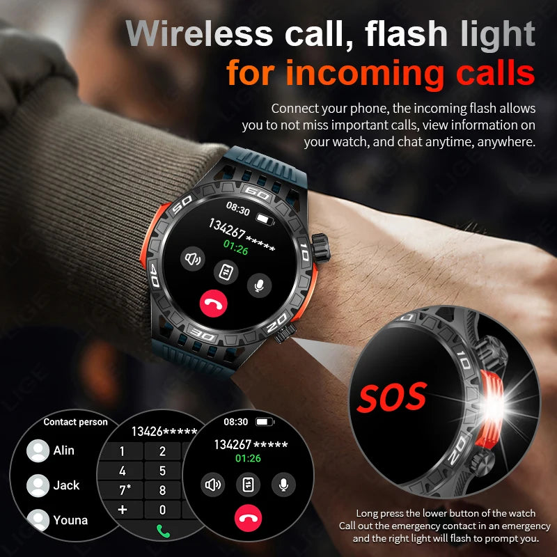 Noxwear - LIGE GPS Smart Watch Men LED Flashlight Compass Waterproof Bluetooth Call Health Watches Voice Assistant Military Smartwatch Men