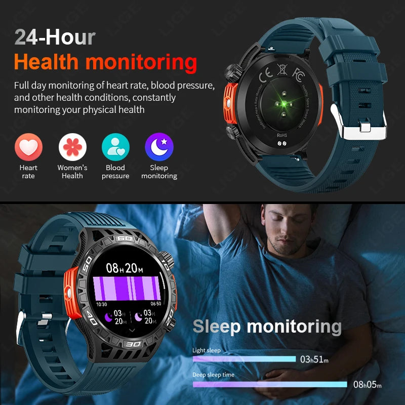 Noxwear - LIGE GPS Smart Watch Men LED Flashlight Compass Waterproof Bluetooth Call Health Watches Voice Assistant Military Smartwatch Men