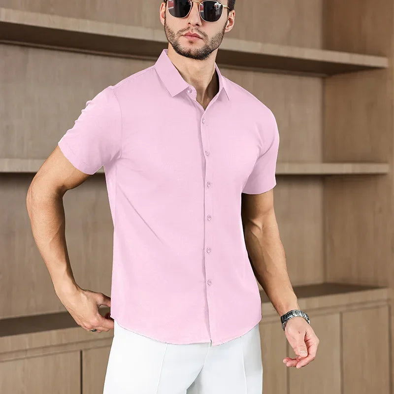 Noxwear -New Men's Business Casual Solid Color Short Sleeved Shirt for Summer Fashion No Ironing Comfortable and Versatile Top