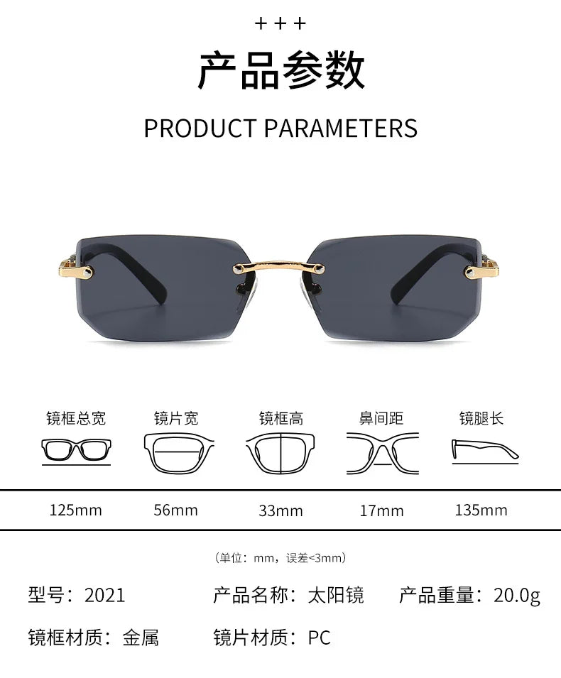 Noxwear - Rimless Sunglasses Rectangle Fashion Popular Women Men Shades Small Square Sun Glasses For Female Male Summer Traveling Oculos