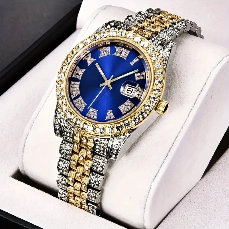 Noxwear - Mens Hip Hop Watch VintagInspired Retro Quartz Timepiece with Oversized Rhinestone Dial and Durable Stainless Steel Band for Men