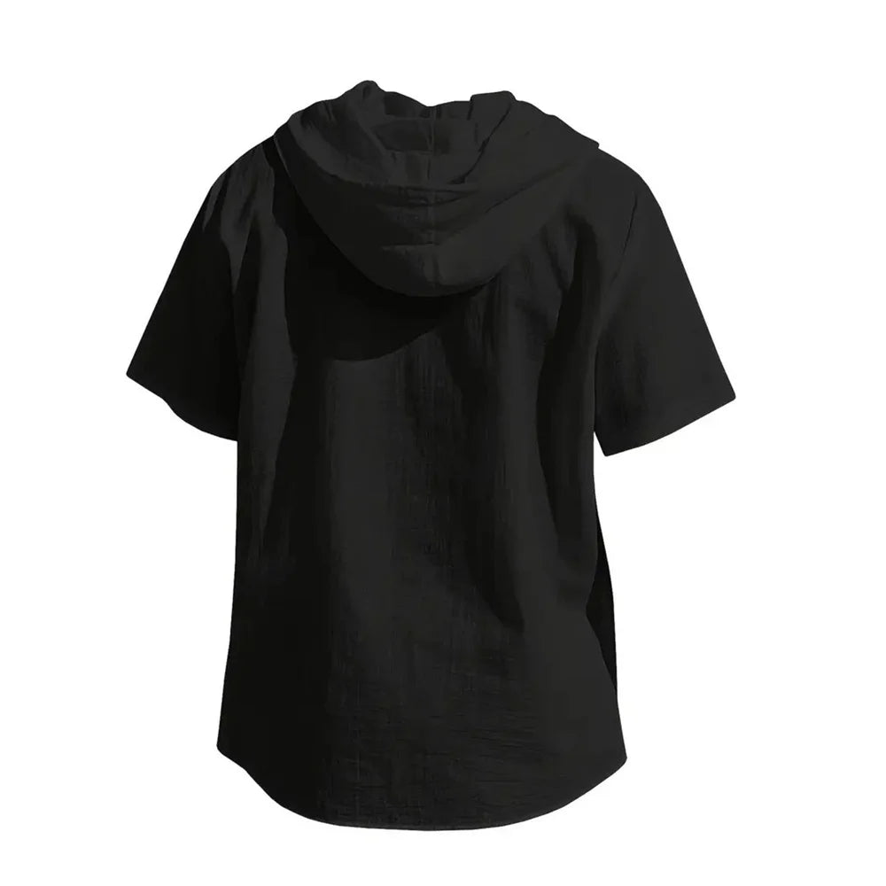 Noxwear -  Cotton Linen Shirt for Men Hooded Short Sleeve Solid Color Breathable Lightweight Drawstring Design Shirts Casual Basic Tees