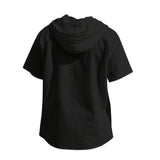 Noxwear -  Cotton Linen Shirt for Men Hooded Short Sleeve Solid Color Breathable Lightweight Drawstring Design Shirts Casual Basic Tees