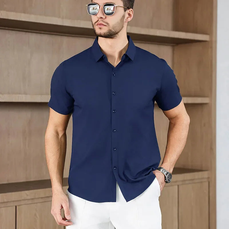 Noxwear -New Men's Business Casual Solid Color Short Sleeved Shirt for Summer Fashion No Ironing Comfortable and Versatile Top