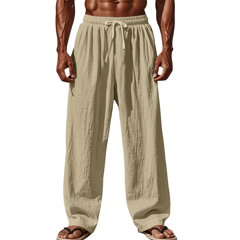 Noxwear -  New Men Cotton and Linen Casual Pants Simple and Comfortable Straight Leg Pants Waist Drawstring Plus Size Looser S-4XL