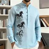 Noxwear - New men's casual fashion street men's 3D horse print shirt with collar and long sleeved top men's long sleeved shirt