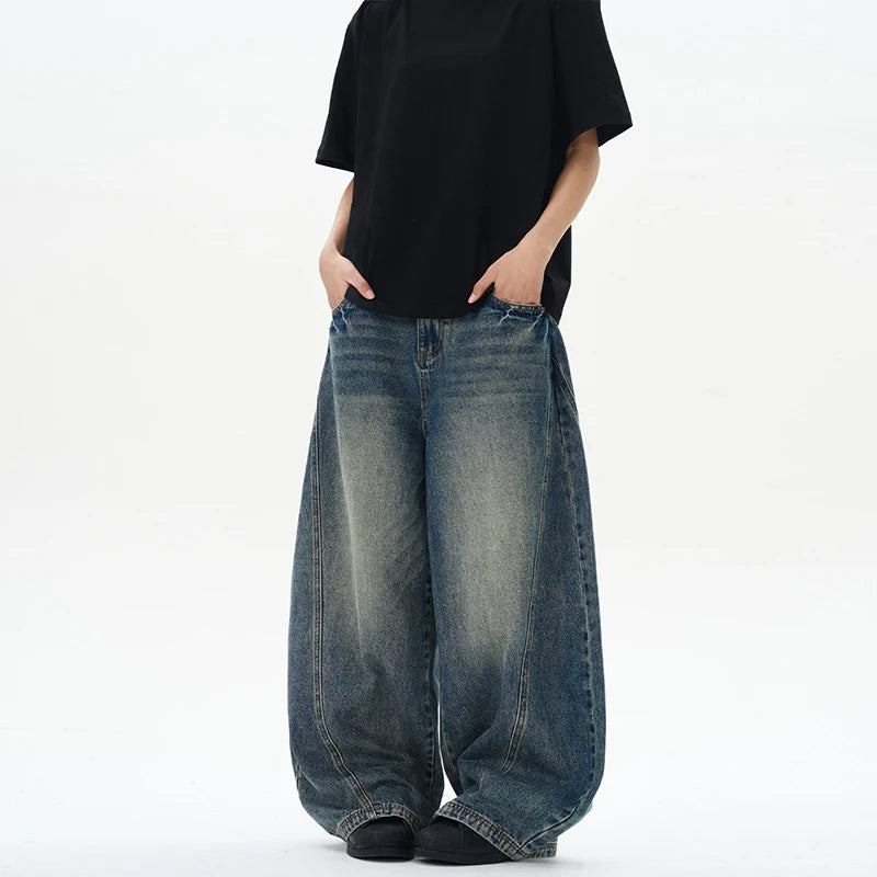 Noxwear - Spring New Men's Jeans Oversized Wide Leg Pants Loose Vintage Patchwork Lightning Cracked Denim Trousers Streetwear Male