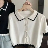 Noxwear Sweet Women Shirt Korean Knitted Turn Down Collar Chic Short Sleeve Female Blouse Summer Retro Slim All Match Ladies Crop Tops