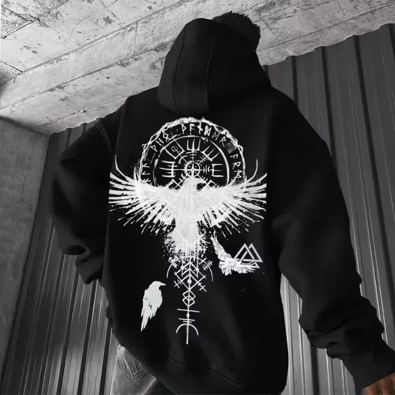 Men’s hooded sweatshirt in light color with dreamcatcher and feather graphic print, outdoor streetwear style.