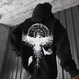 Men’s hooded sweatshirt in light color with dreamcatcher and feather graphic print, outdoor streetwear style.