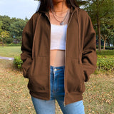 Noxwear - Autumn Fleece Hoodie Solid Color Hooded Korean Fashion Sweatshirts Long Sleeve Top Drawstring Pockets Loose Zipper Black Hoodies