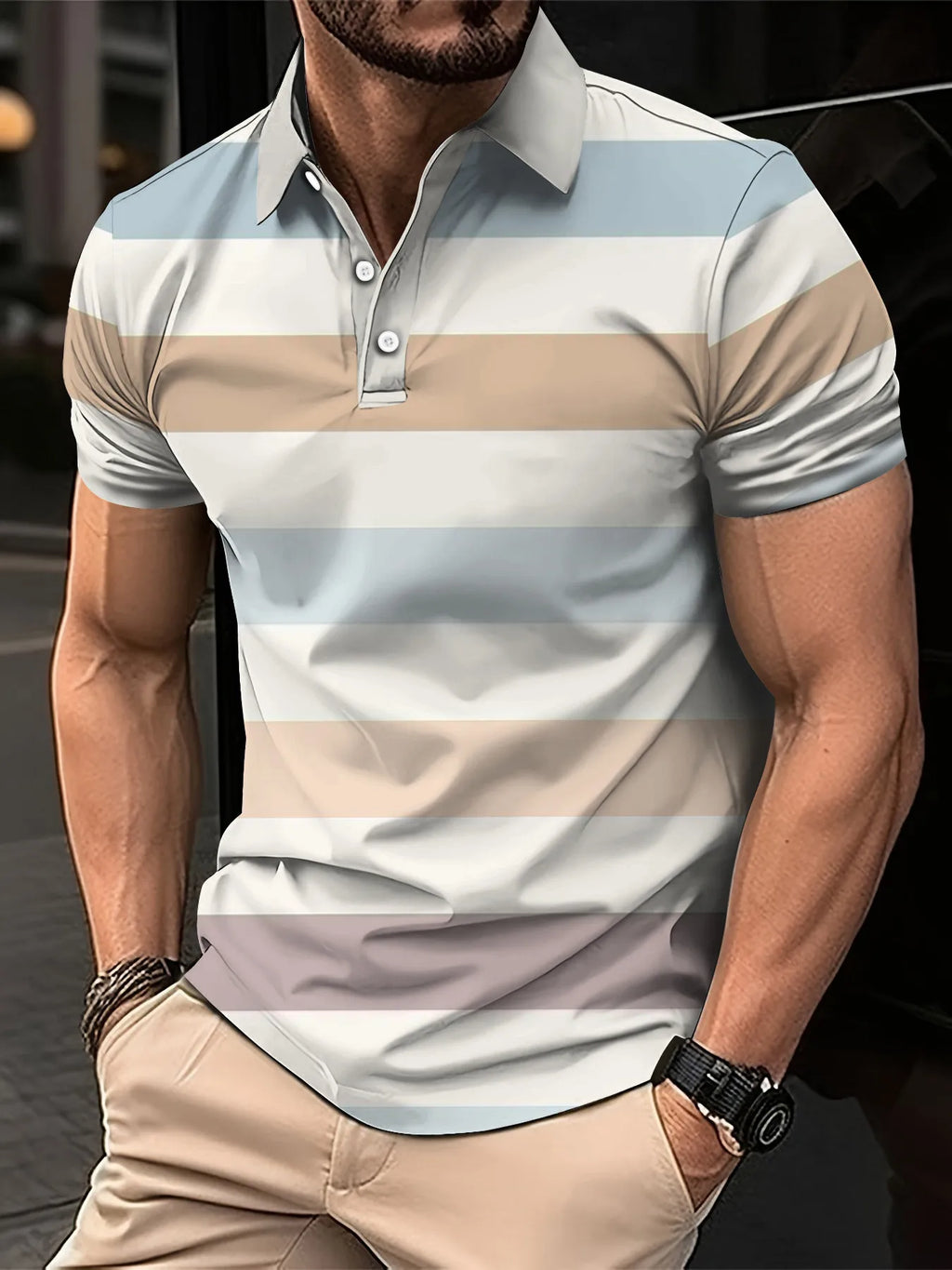 Noxwear - Men's Short Clothes Sleeved Lapel 3D Digital Printed Striped Polo Shirt Summer  Man's Business Casual Top Clothes Oversized
