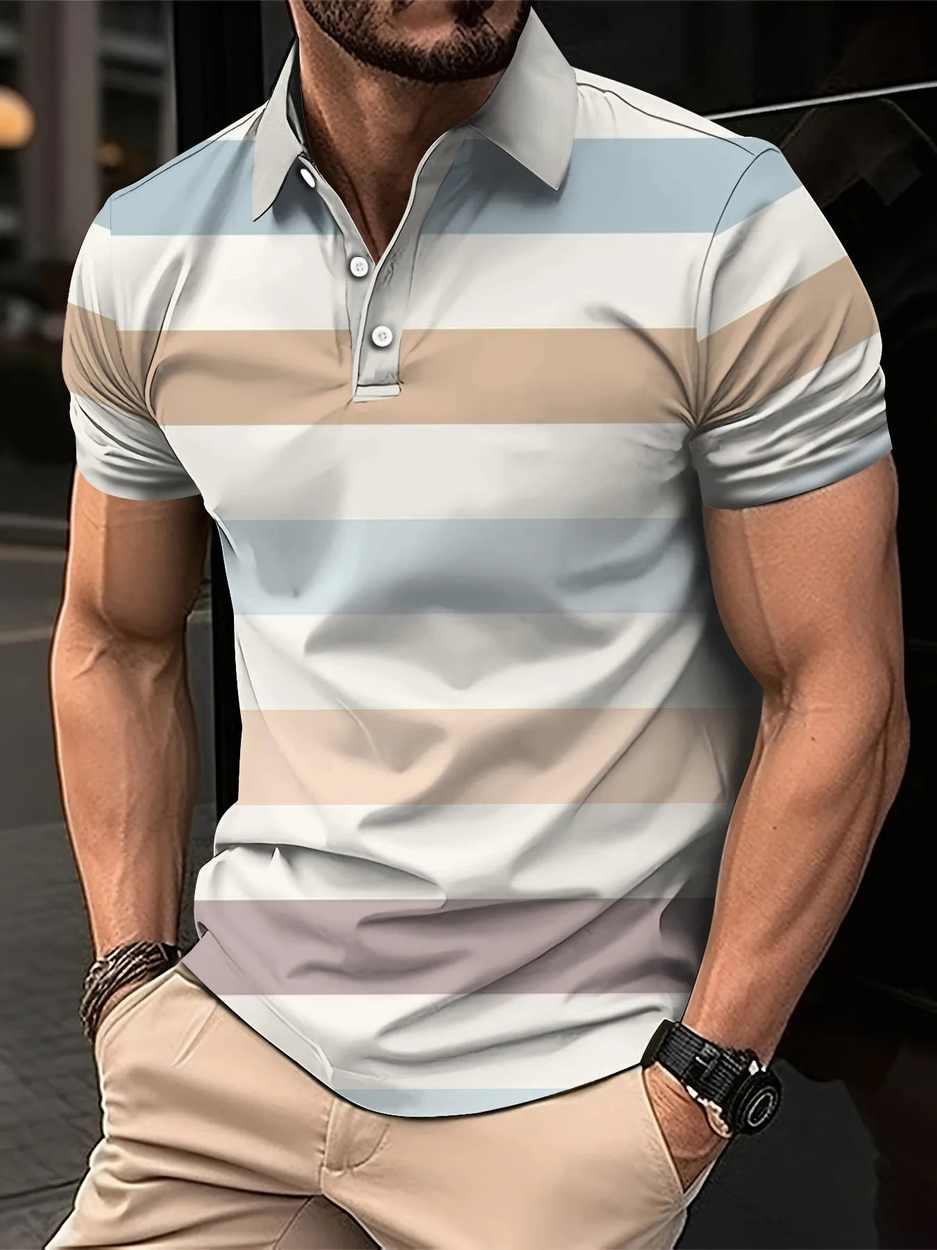 Noxwear - Men's Short Clothes Sleeved Lapel 3D Digital Printed Striped Polo Shirt Summer  Man's Business Casual Top Clothes Oversized