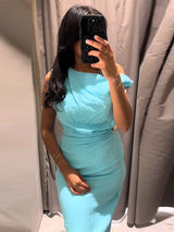 Noxwear Elegant Women's Bodycon Maxi Dresses Sleeveless One Shoulder Dress with Gold Buckle Summer Chic Casual Lady Party Evening Outfit