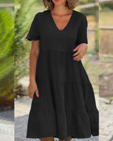 Noxwear Cotton Linen Casual Women's Dresses 2025 Spring/Summer Sweet  Short Sleeve Solid V-neck Large Swing Loose Dress  S-5XL