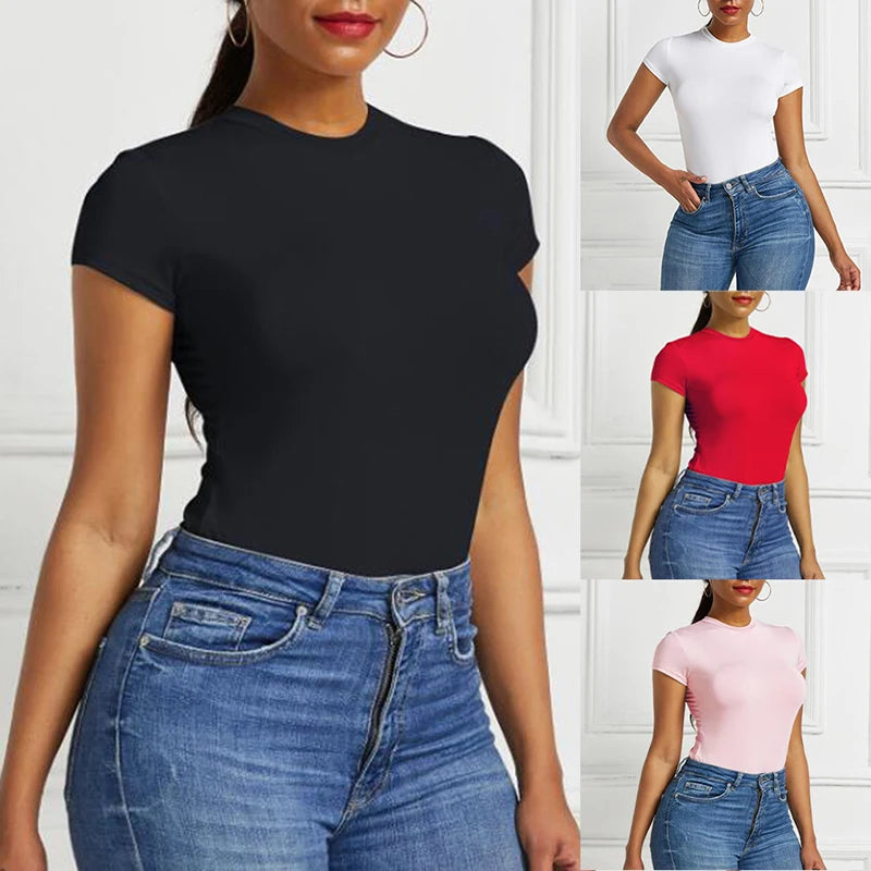 Noxwear Sexy One Piece Bodycon Bodysuit Short Sleeve O Neck Open Basic White Black Red Overalls Women Body Top Skinny Rompers Female