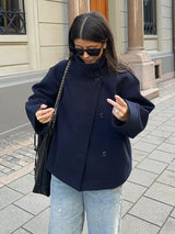 Noxwear Stand Collar Women Winter Woolen Coats 2025 Autumn Single Breasted Loose Female Long Sleeve Jacket Office Lady Street Short Coat