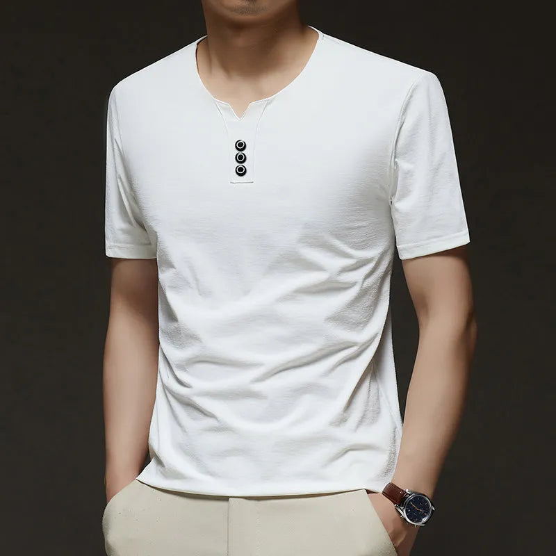 Noxwear - 2025 New Men's Business Casual Three Button V-neck Short Sleeved T-shirt Korean Style Summer Comfortable Versatile Top