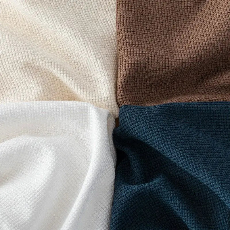 Noxwear - Waffle Short Sleeved T-shirt for Men and Women Summer Japanese Round Neck Half Sleeved Top Loose Casual Solid Color T-shirt