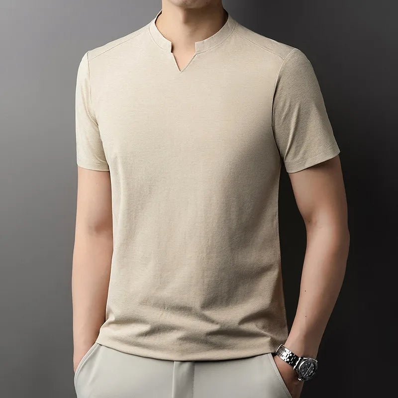 Noxwear - Korean Men's Casual and Fashionable Small V-neck Solid Color Short Sleeved T-shirt Comfortable Summer Versatile Top