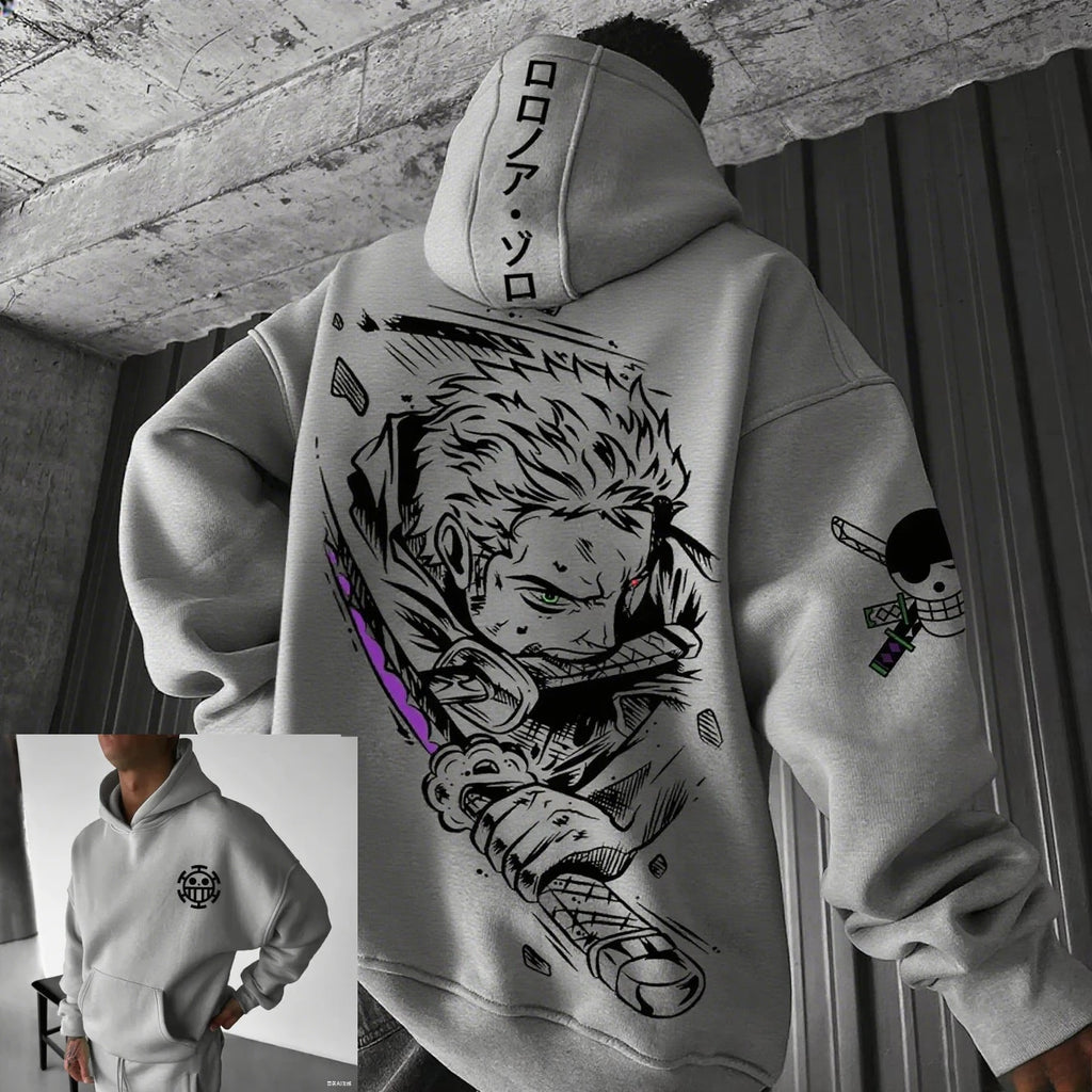 Men’s hooded sweatshirt in light color with large back graphic print of stylized character, crafted from cotton fabric for comfort and modern streetwear appeal.