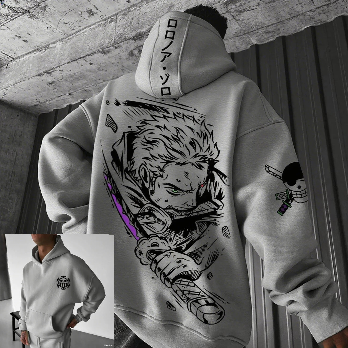 Men’s hooded sweatshirt in light color with large back graphic print of stylized character, crafted from cotton fabric for comfort and modern streetwear appeal.