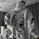 Men’s hooded sweatshirt in light color with large back graphic print of stylized character, crafted from cotton fabric for comfort and modern streetwear appeal.