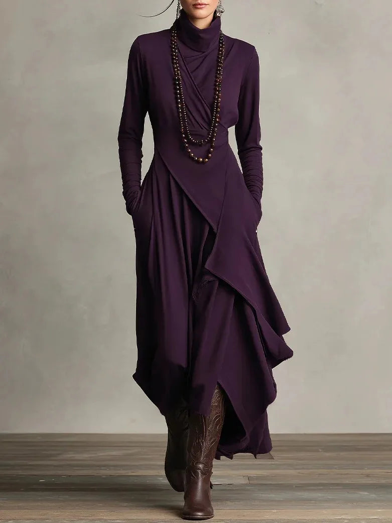 Noxwear Vintage Pocket Asymmetric Dress for Women's Long Sleeve Solid Turtleneck Minimalist Retro Casual Autumn Long Dresses 2025