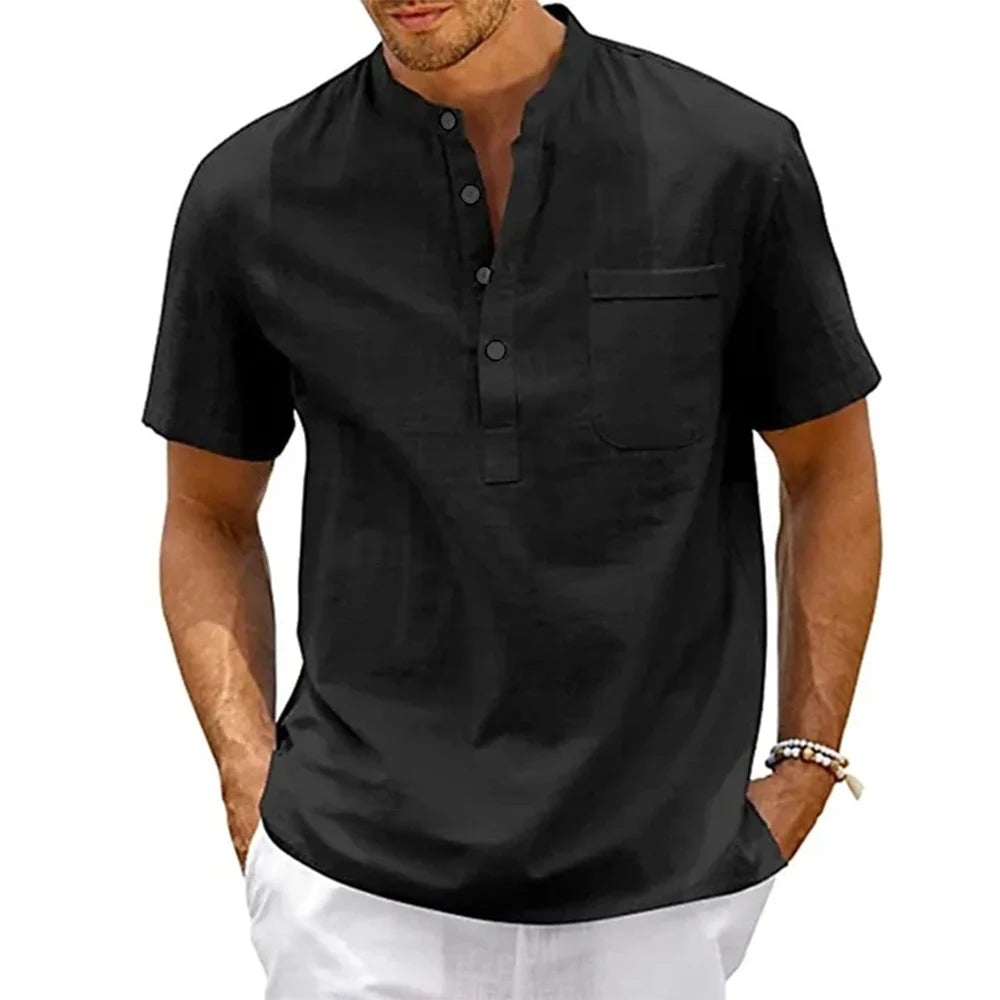 Noxwear - Cotton Linen Shirt Men Henley Neck Pocket Casual Beach Short Sleeve Solid Color Male Tops T-shirts Vintage Streetwear