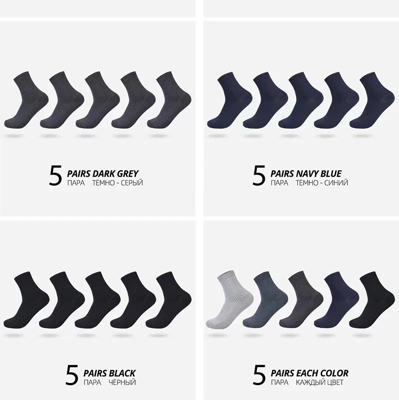 Noxwear - 5 Pairs Bamboo Fiber Men's Socks Classic Business Crew Socks Spring Autumn Casual Comfortable Breathable Compression Bamboo Sox